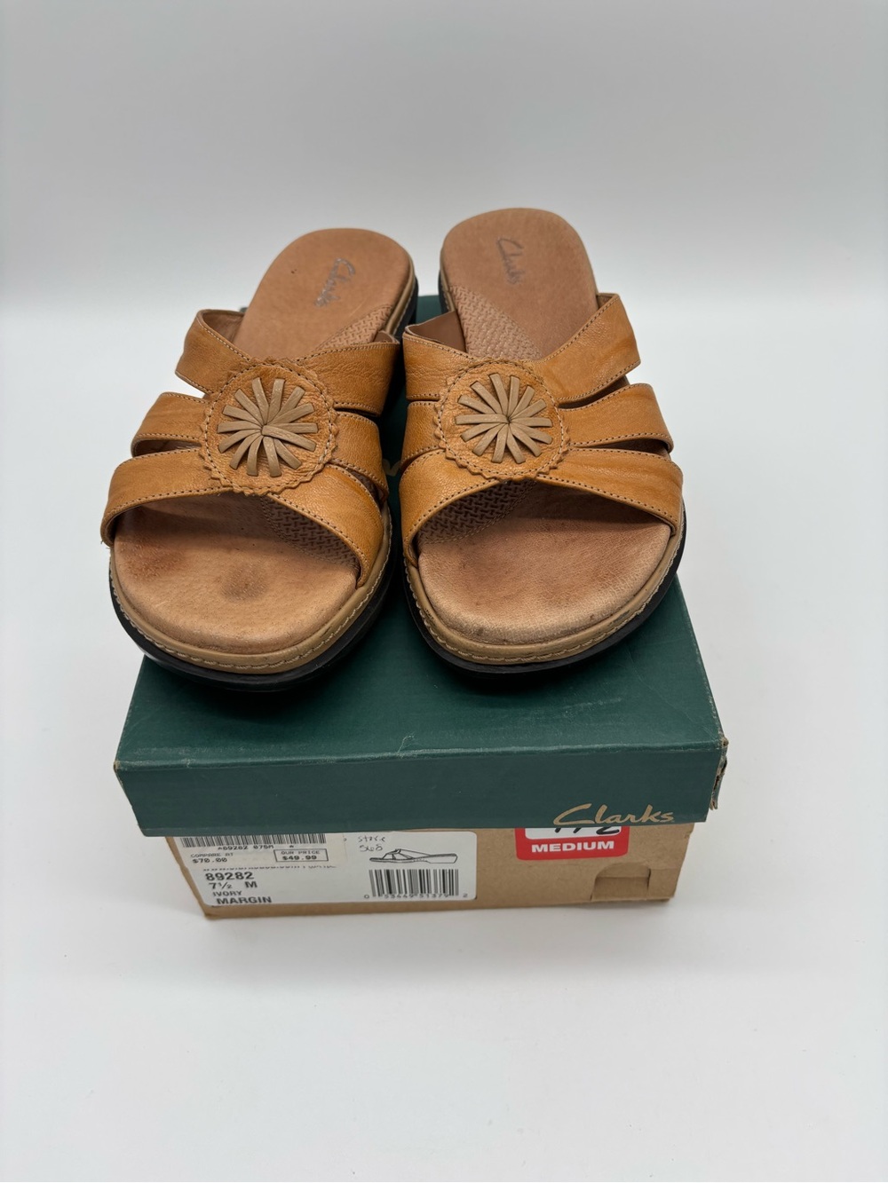 Clarks Tan Leather Slide Sandals with Decorative Rosette